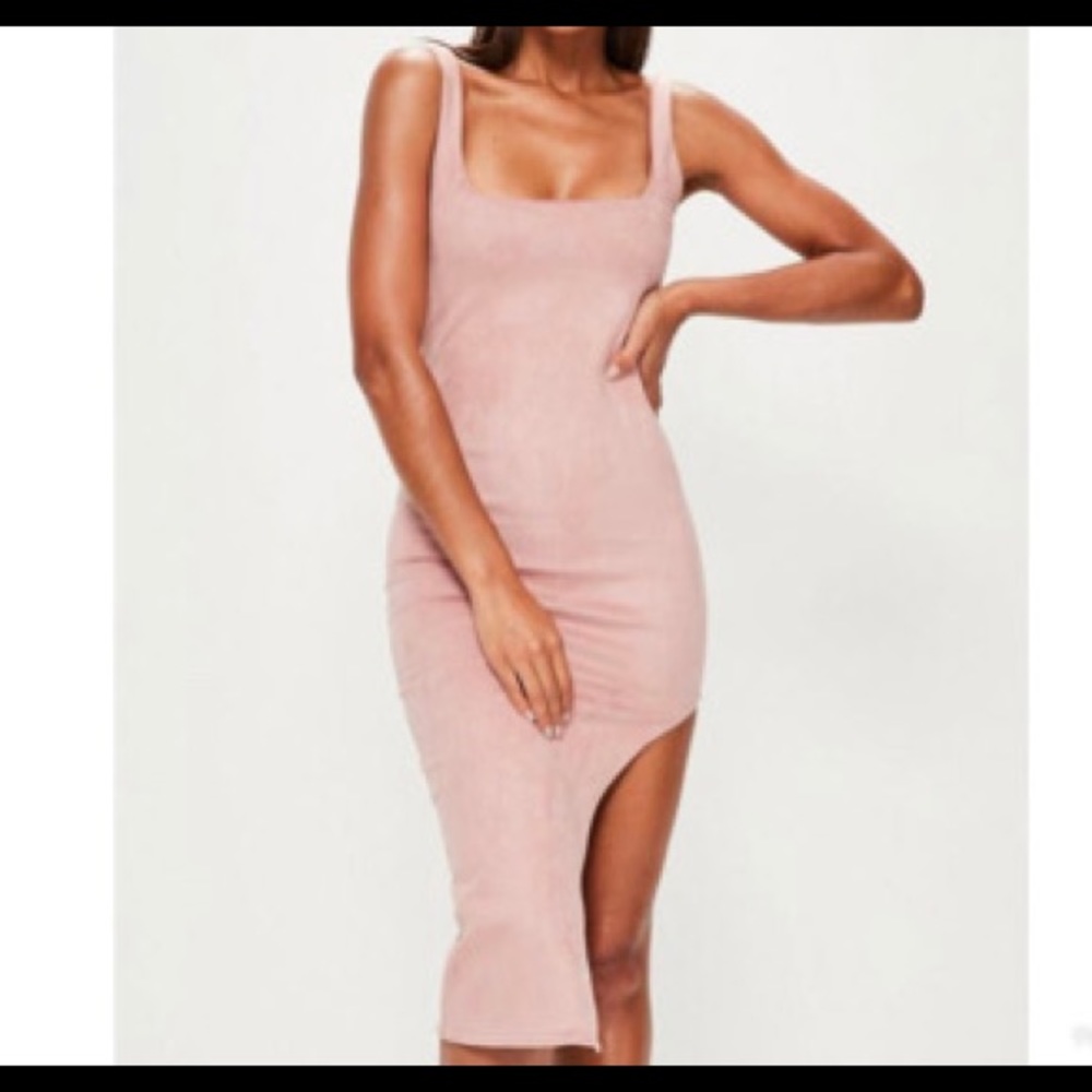 Pink faux suede asymmetric midi dress